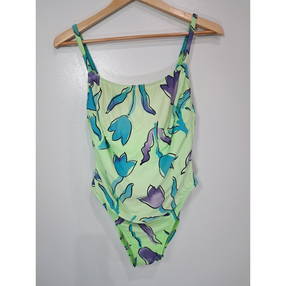 Vintage La Blanca Floral Lace Up One Piece Swimsuit Lime Green Blue Purple Sz 12 - Picture 1 of 8